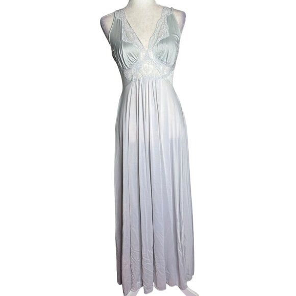 Vintage 70s Olga Nylon Maxi Nightgown Size Large Grey Lace Bodice Style 9296 - Picture 1 of 7
